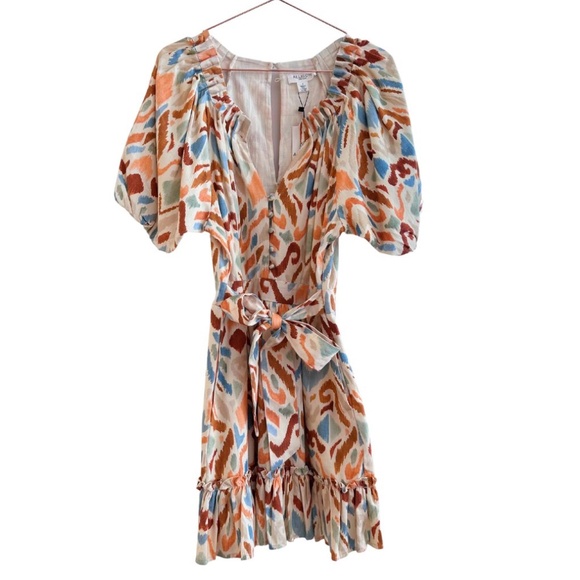 NWT Allison Alice Puff Sleeve V Neck Mini Dress Ivory Cream Ikat Sizes 4 and 6 - Picture 1 of 5